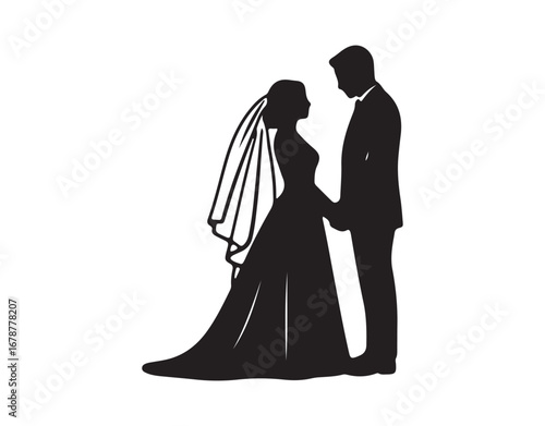 Mark your calendars! Silhouettes of the bride and groom with custom handwritten calligraphy on a white background. This is a wedding invitation template. The font used is Open Sans, and it's free!