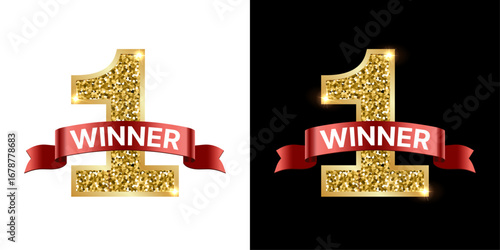 1st First Place Competition Vector Illustration – Champion Winner Golden Number One with Red Ribbon, Trophy Award Design. Vector illustration.