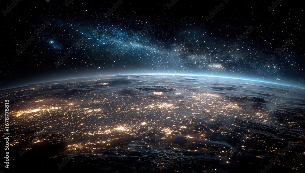 Fototapeta premium Earth at night, seen from space. Vast expanse of a starry night sky with the Milky Way. Earth's continents and oceans, highlighted by the glow of city lights