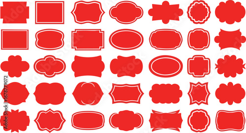 Collection of striking red decorative frames and labels for versatile design applications