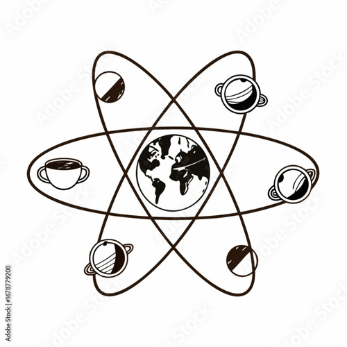 Minimilist atom like structure with a globe at the center and coffee cups as orbiting electrons illustration vector