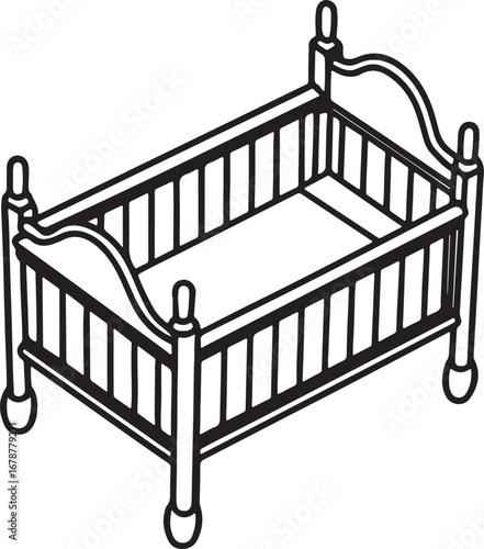 cot crib line art, coloring book page line art drawing, vector and illustration