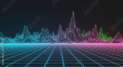 A dynamic, low-poly mountain range visualized as a futuristic digital wireframe. The vibrant pink and purple neon lines create a striking contrast against the dark background