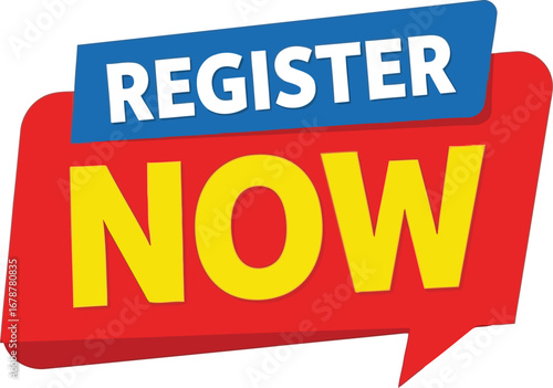 Register now announcement speech bubble with bold text for event promotion and user sign-up vector
