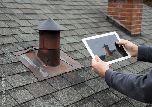 Wallpaper Mural A professional roofer or home inspector uses a tablet to photograph a rusty chimney vent and flashing on an asphalt shingle roof for documentation. Torontodigital.ca