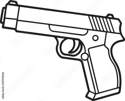 automatic handgun pistol line art, coloring book page line art drawing, vector and illustration