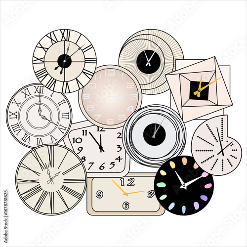  Composition from various styles of wall clocks. Vector illustration.