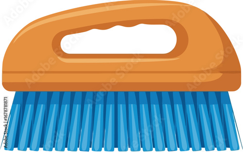 Orange handle blue bristle scrub brush for cleaning and household tasks vector