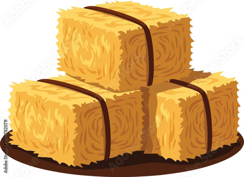 Stack of three golden hay bales tied with dark straps on a brown surface vector