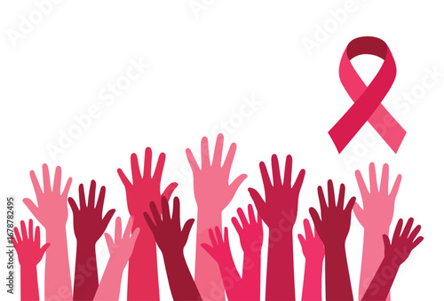 Raised Hands with Pink Ribbon for Breast Cancer