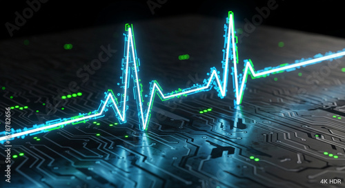 A vibrant, neon-green waveform resembling a heartbeat or an audio equalizer line traced across a dark, intricate circuit board