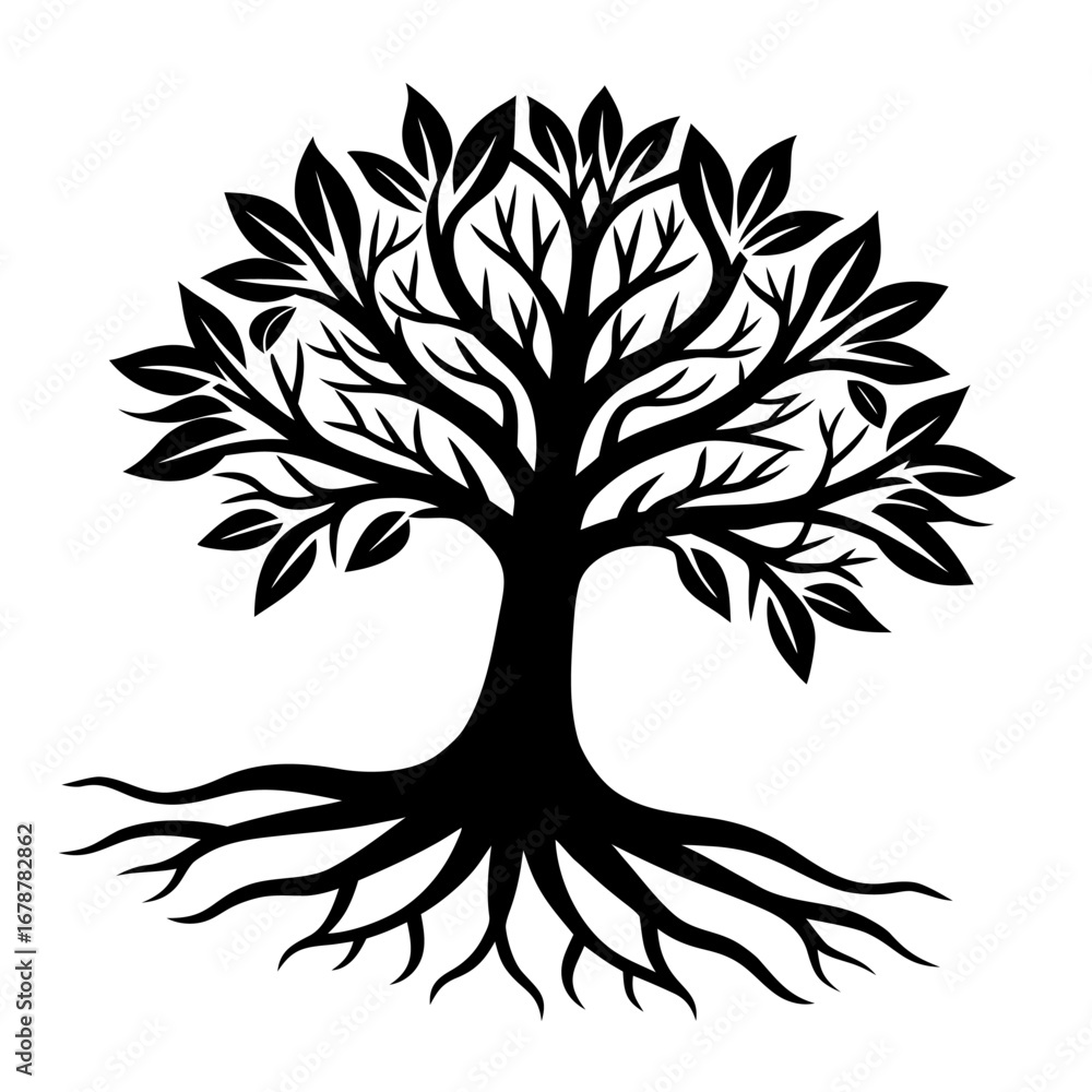 Obraz premium High Contrast Tree with Roots Silhouette Vector for Prints Logos Stickers and Digital Design Assets 
