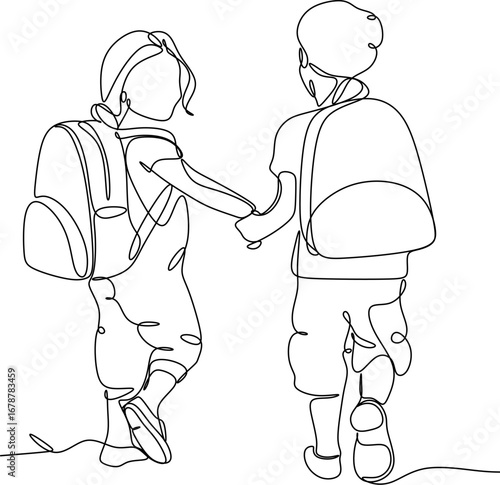 Linear abstract drawing of children going to school