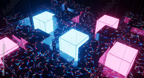 An abstract digital background showing illuminated, glowing cubes floating within a complex, interconnected cyber network