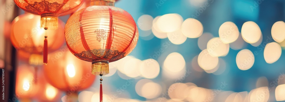 Obraz premium Traditional Chinese red lanterns beautifully adorn a festive street during the celebration of a cultural event at night