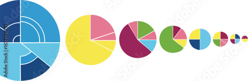 Colorful pie chart progression shows data analysis and growth in business strategy