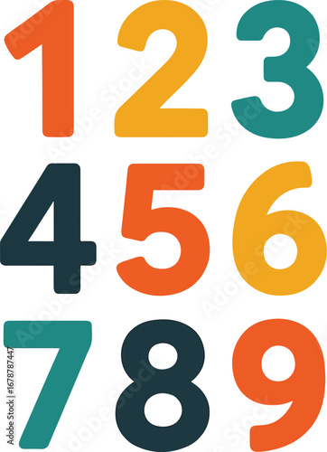 Vibrant colorful digits 1 through 9 create a playful educational learning tool