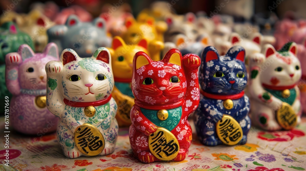 Fototapeta premium a close-up shot of multiple, colorful cat figurines, each raising a paw