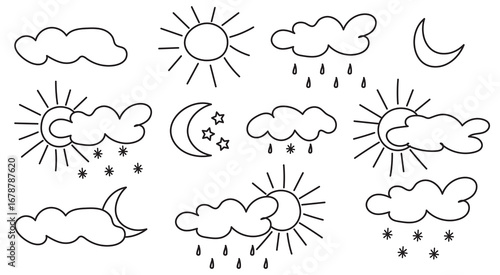 Set of weather conditions icons in doodle style. Cloudy, sunny, windy, rainy, snowy.