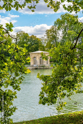 Carp Pond with the octagonal Pavillon de l Etang built in the 17th century at the Chateau de Fontainebleau, historic royal residence in France.