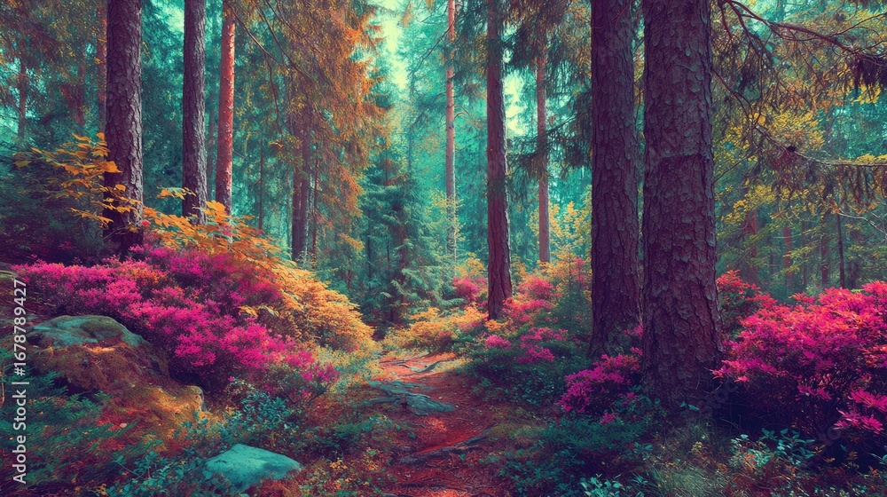 Obraz premium A vibrant forest path. This image showcases a winding pathway through a flourishing woodland, full of colorful flowers and lush foliage.
