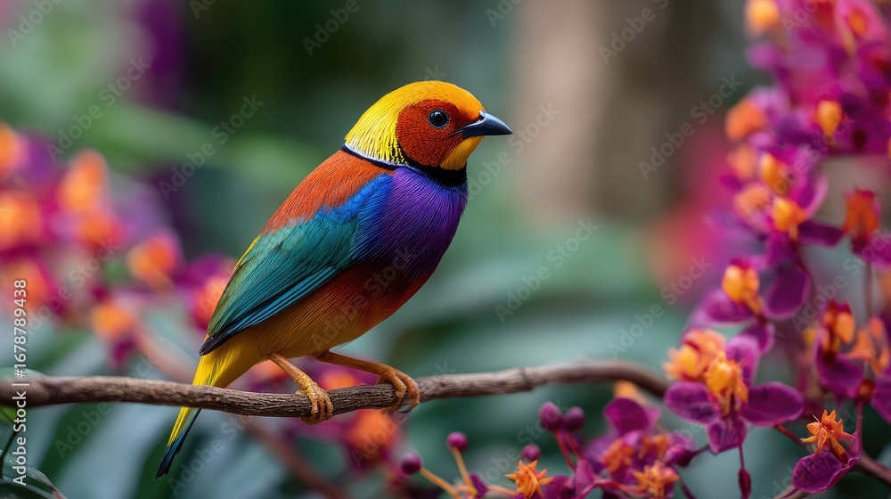 Fototapeta premium a vibrantly colored bird perched gracefully on a branch, surrounded by beautiful flowers. Its plumage displays an array of stunning colors, creating a visually captivating sight