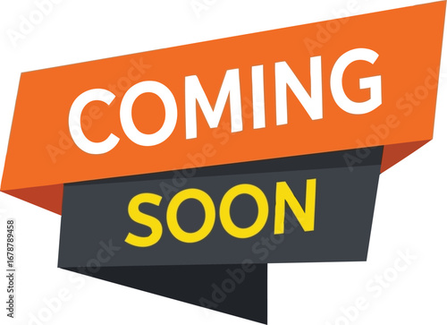 Coming soon orange and black ribbon banner announcement graphic for promotions and events vector