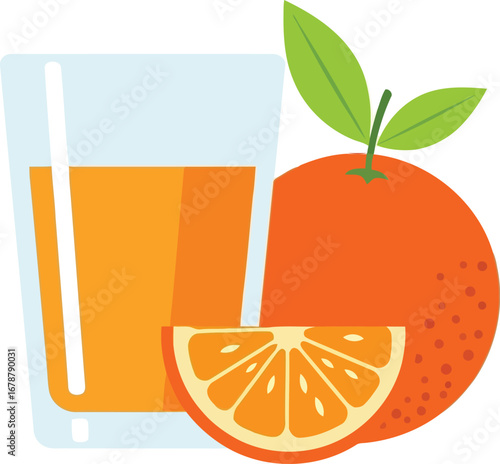 Fresh orange juice in glass with whole fruit and slice healthy breakfast refreshment vector