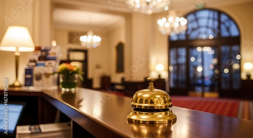 Service bell on hotel reception with Hotel background