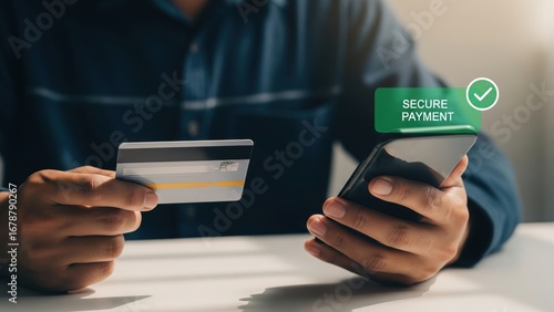 Man hands holding credit card and smartphone with secure payment text and notification checkmark, payment successful overlay, digital wallet and transaction security