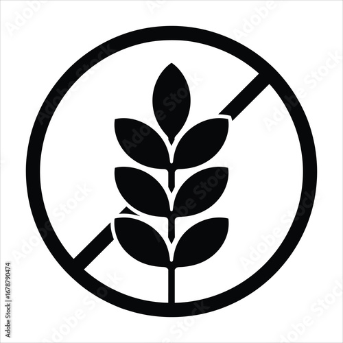 Black Gluten Free Symbol With Wheat Stalk Inside Circle And Slash icon grain