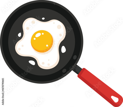 Sunny side up fried egg cooking in black frying pan red handle breakfast food vector