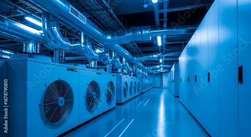 Rows of industrial air conditioning units providing climate control in a secure cloud computing data center