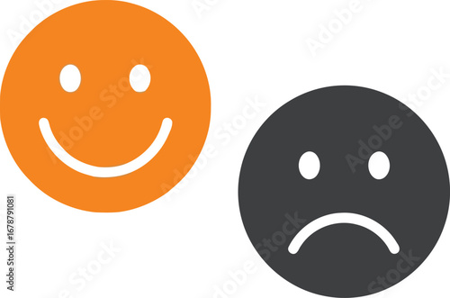Happy sad emotion contrast orange smiley face vs gloomy frowning icon concept vector