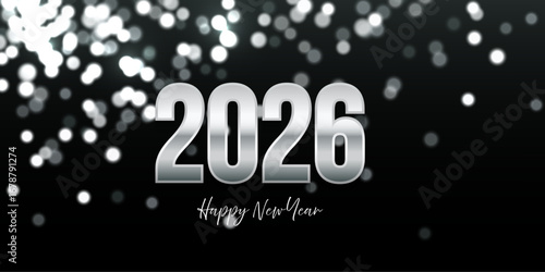 Silver 2026 New Year greeting card. Shiny numbers 2026 with sparkling bokeh lights on black. Merry Christmas festive postcard, invitation, banner, poster. Luxury vector illustration.