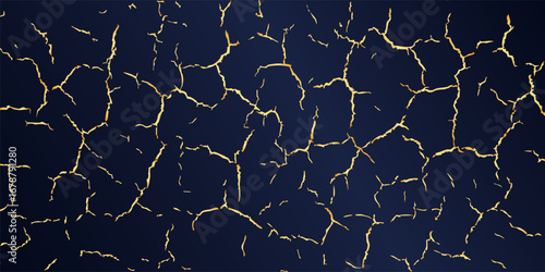Cracked dry ground with golden lines. Abstract dark background with shiny gold fracture pattern. Luxury cracked earth texture. Vector illustration.