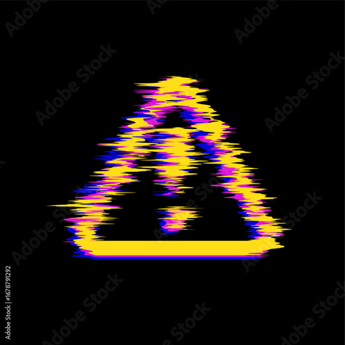 Glitch alert sign. Attention warning danger yellow triangle with exclamation mark distorted by digital noise on black. Hacked error background. Digital vector illustration