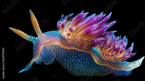 a vibrant sea slug against a dark background, with a dazzling array of colors and intricate details