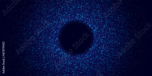 Abstract glowing dotted circular background. Blue particle ring made of small light dots on dark backdrop. Futuristic, cosmic, digital, tech design. Vector illustration.