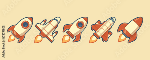 Top Collection of Five Spaceship and Rocket with Groovy and Retro Illustration Concept