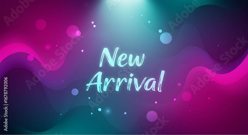 New Arrival Banner – Glowing Text on Colorful Gradient Background with Abstract Waves