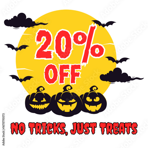 Halloween sale design with pumpkin, spooky elements, and tagline "No Trick Just Treat – 20% Off", perfect for seasonal promotion and marketing banners.