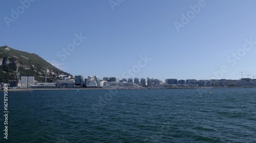 Pan from the rock of Gibraltar towards the Algeciras bay, as seen from La Linea de la Concepcion in Spain.