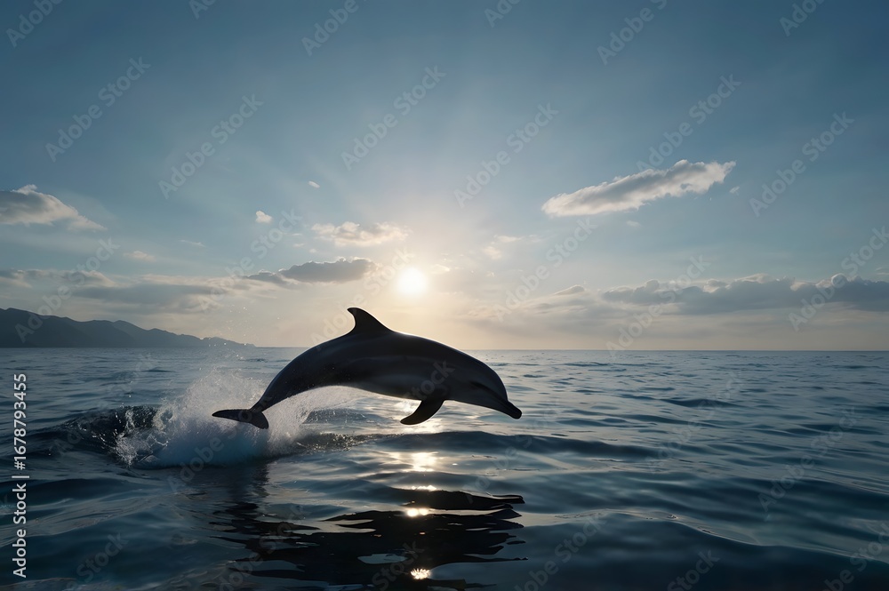Fototapeta premium Dolphin Jumping Out of Ocean Water During Sunset with Sunny Sky and Mountains in Background