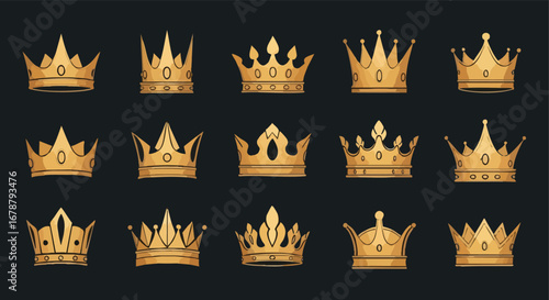 Collection of elegant golden royal crowns, symbolizing power, prestige, and success for your designs