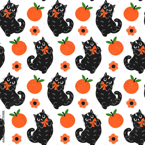 cute black cats  with bows and oranges fruits seamless pattern, vector illustration repeat design print