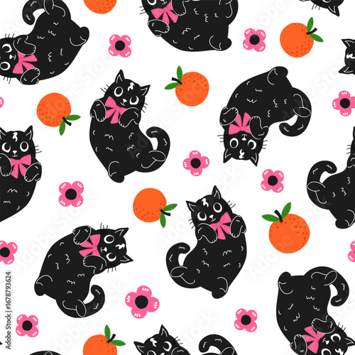 cute black cats  with bows oranges fruits and pink flowers seamless pattern, vector illustration repeat design print