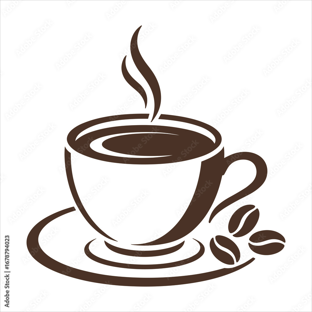 Obraz premium Steaming Cup Of Coffee With Three Coffee Beans On Saucer vector illustration