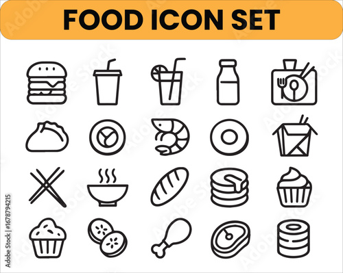 Restaurant take out and delivery food and drink thin line Icon set - editable stroke