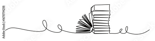 Continuous line art of a stack of books with an open book next to it. This icon is for a sticker or banner in a library. Vector illustration.